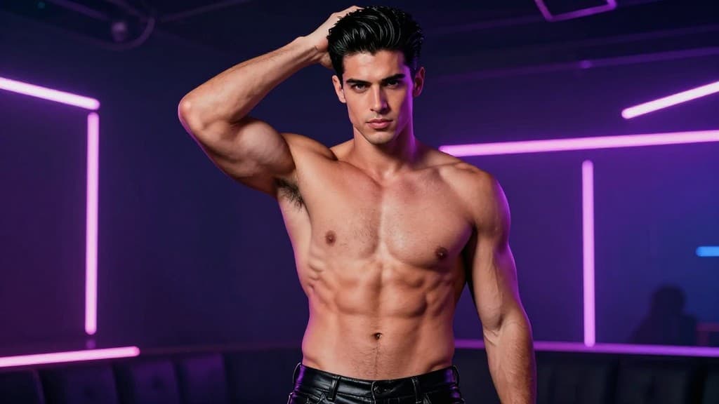 A magnetic 23-year-old American man with sleek black hair, wearing leather pants and no shirt showin