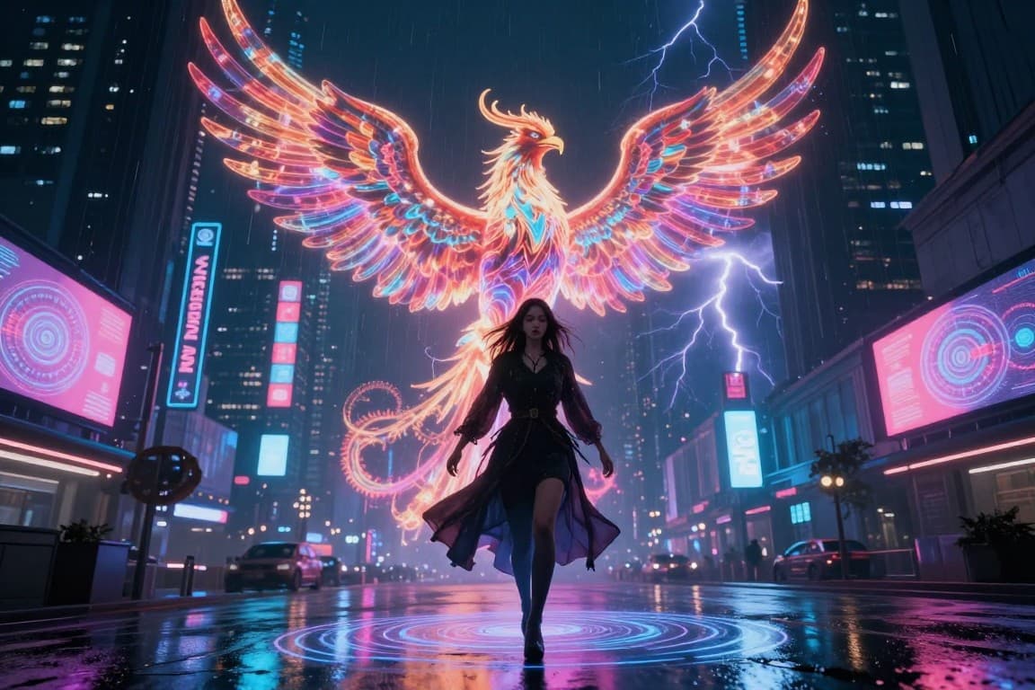 A cyberpunk sorceress summoning a colossal holographic phoenix over a neon-lit megacity at night, ra